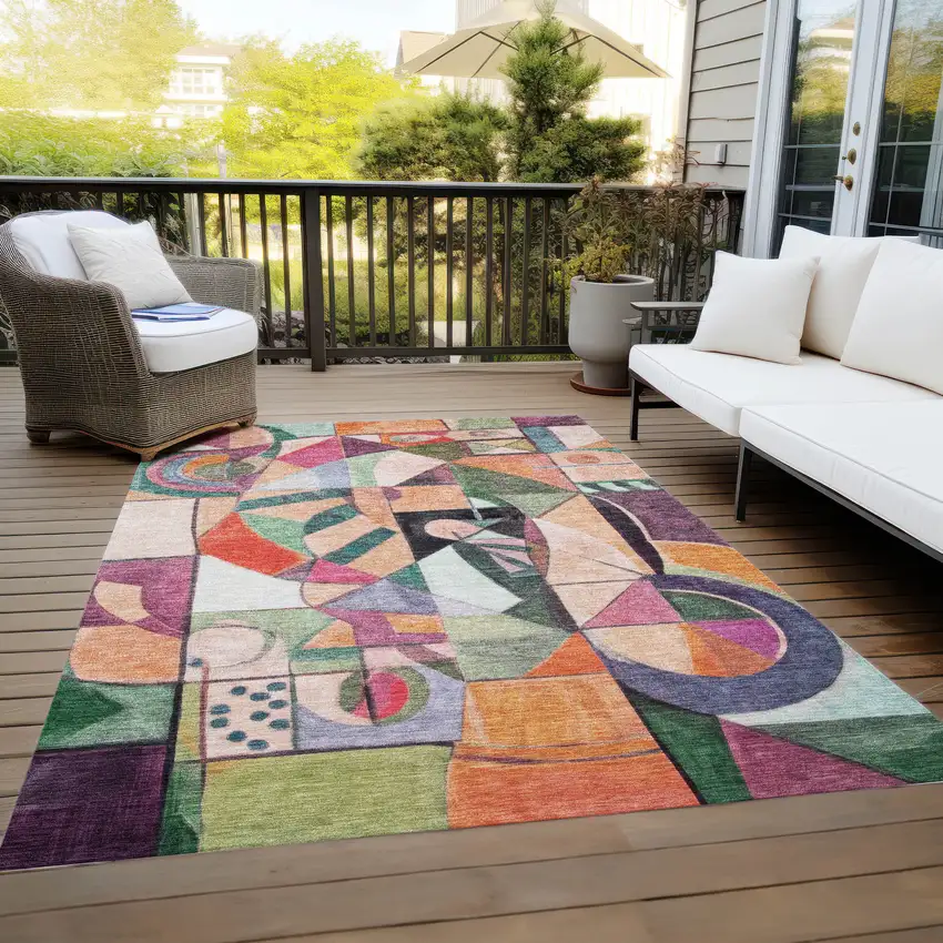 Orange Pink Green And Purple Abstract Washable Indoor Outdoor Area Rug Photo 8