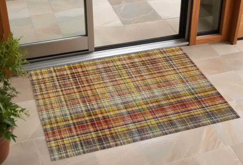 Orange Plaid Washable Non Skid Indoor Outdoor Area Rug Photo 1