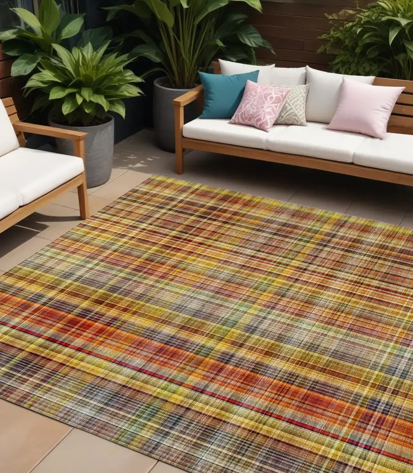 Yellow Orange and Brown Plaid Washable Non Skid Indoor Outdoor Area Rug Photo 1