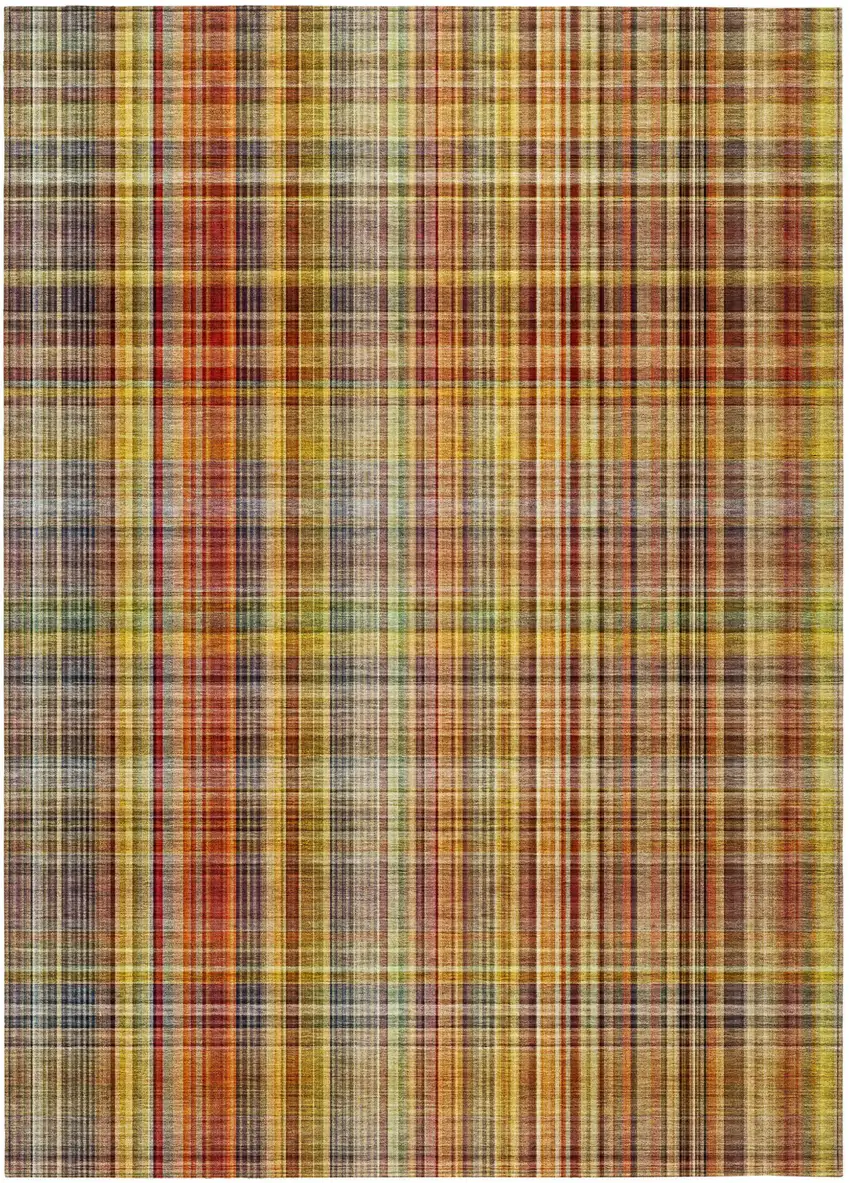 Yellow Orange and Brown Plaid Washable Non Skid Indoor Outdoor Area Rug Photo 2