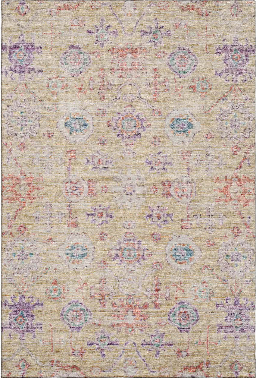 Orange Purple And Beige Damask Washable Area Rug With UV Protection Photo 1