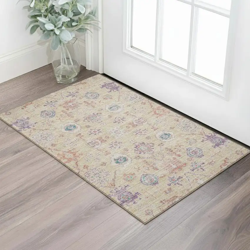 Orange Purple And Beige Damask Washable Area Rug With UV Protection Photo 1