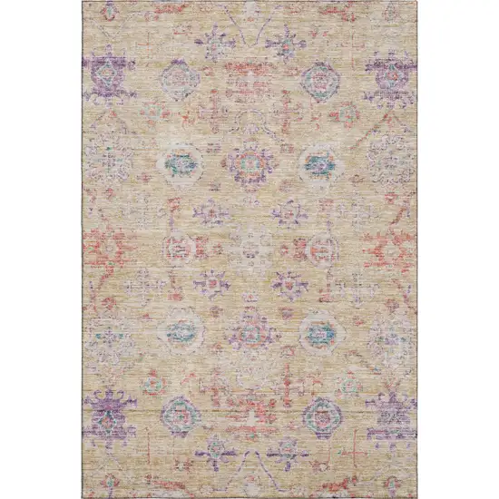 Orange Purple And Beige Damask Washable Area Rug With UV Protection Photo 1