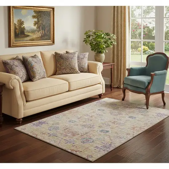 Orange Purple And Beige Damask Washable Area Rug With UV Protection Photo 2