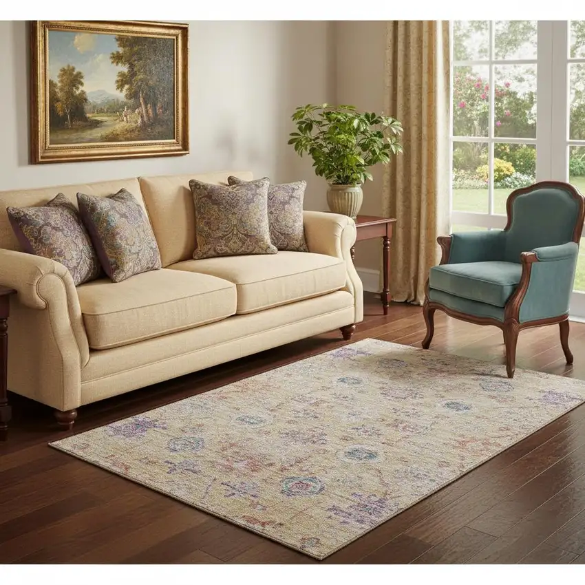 Orange Purple And Beige Damask Washable Area Rug With UV Protection Photo 2