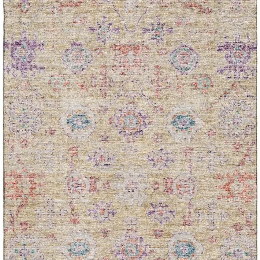 Orange Purple And Beige Damask Washable Area Rug With UV Protection Photo 3