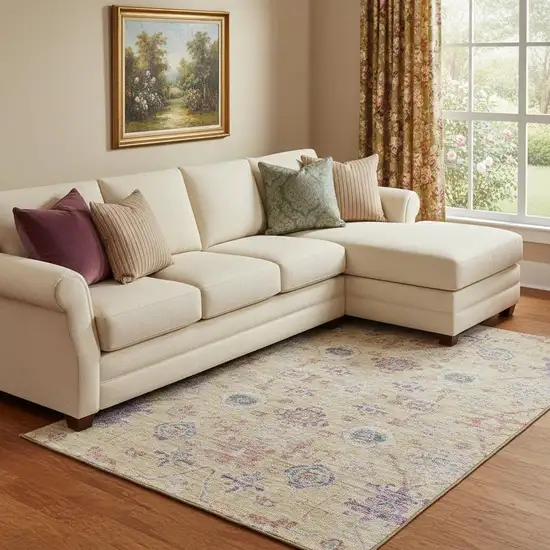 Orange Purple And Beige Damask Washable Area Rug With UV Protection Photo 2