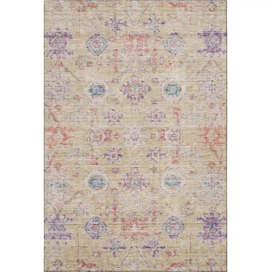 Orange Purple And Beige Damask Washable Area Rug With UV Protection Photo 3