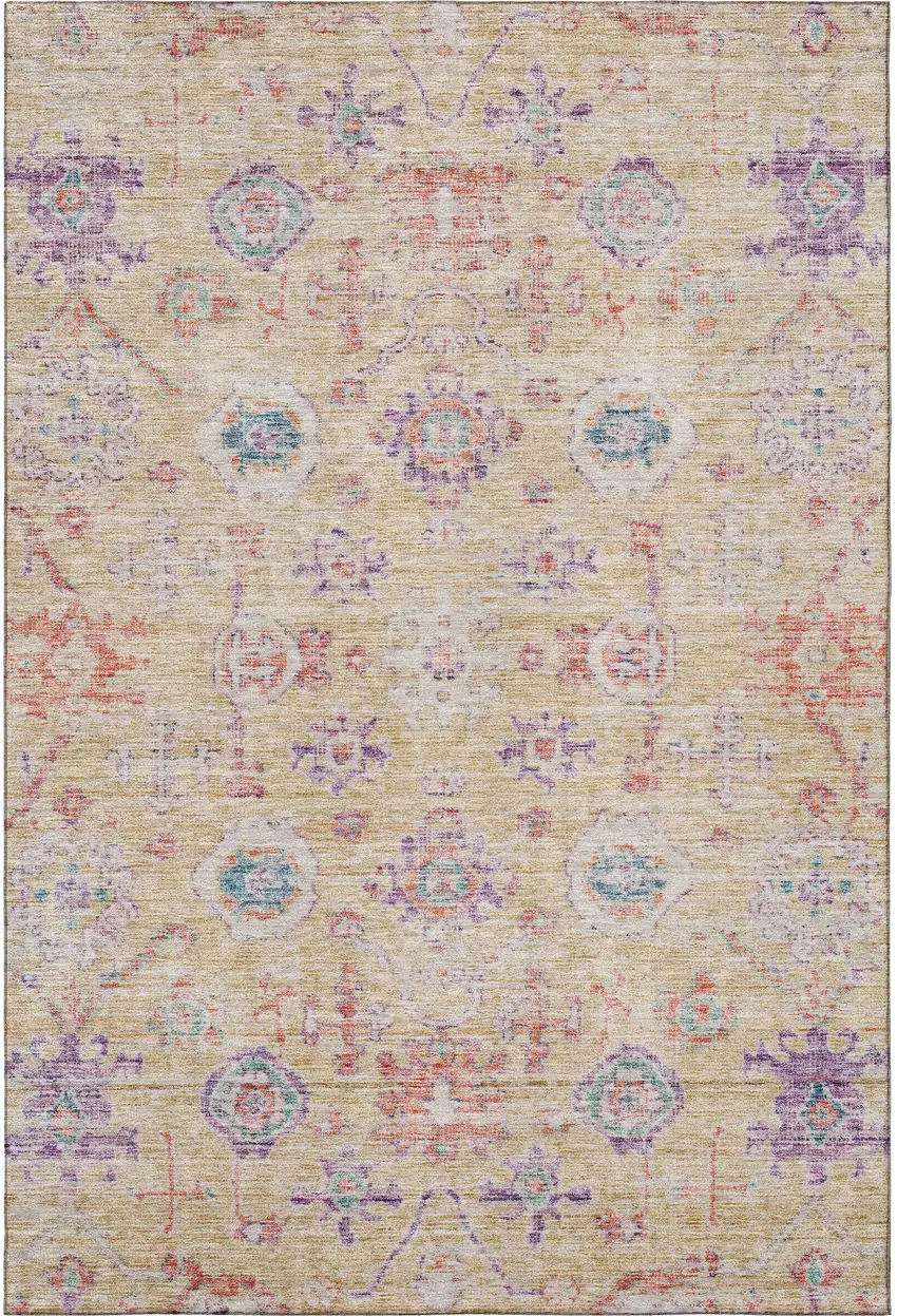 Orange Purple And Beige Damask Washable Area Rug With UV Protection Photo 3