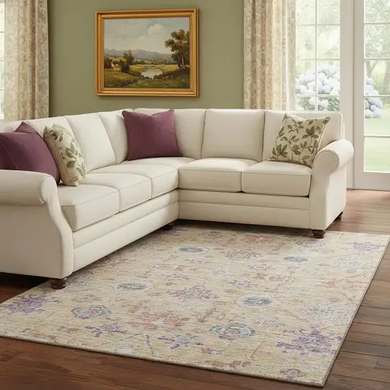 Orange Purple And Beige Damask Washable Area Rug With UV Protection Photo 2