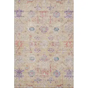 Photo of Orange Purple And Beige Damask Washable Area Rug With UV Protection