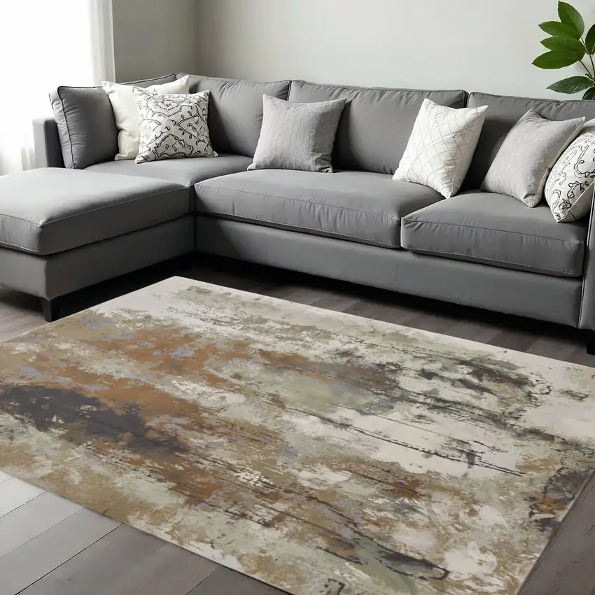 Beige Bronze And Black Abstract Area Rug Photo 1