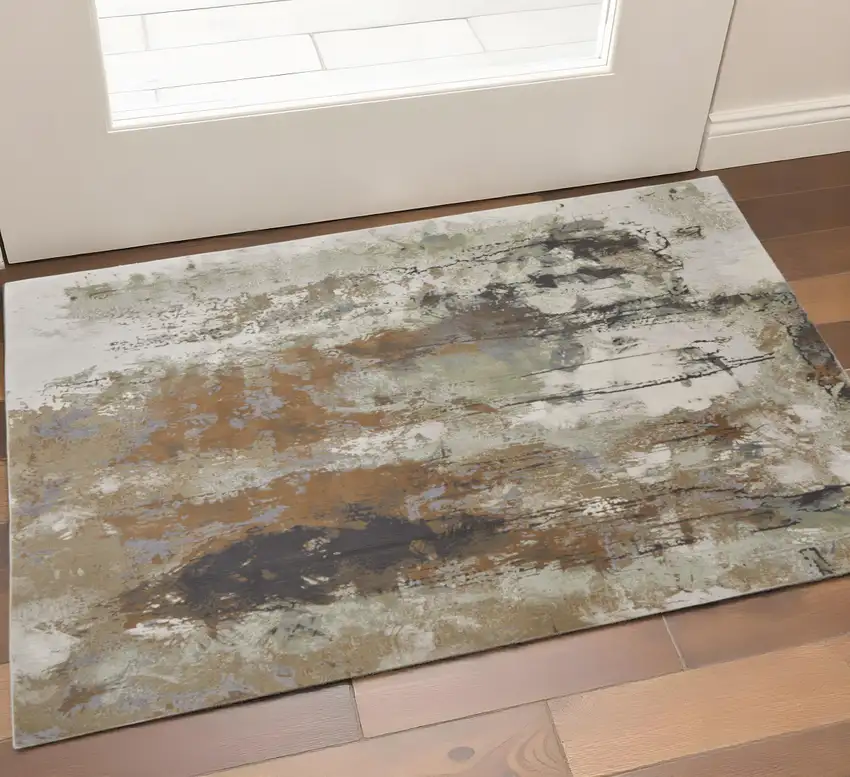 Beige Bronze And Black Abstract Area Rug Photo 1