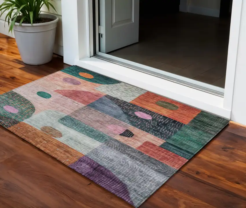 Orange Purple And Green Geometric Washable Indoor Outdoor Area Rug Photo 1