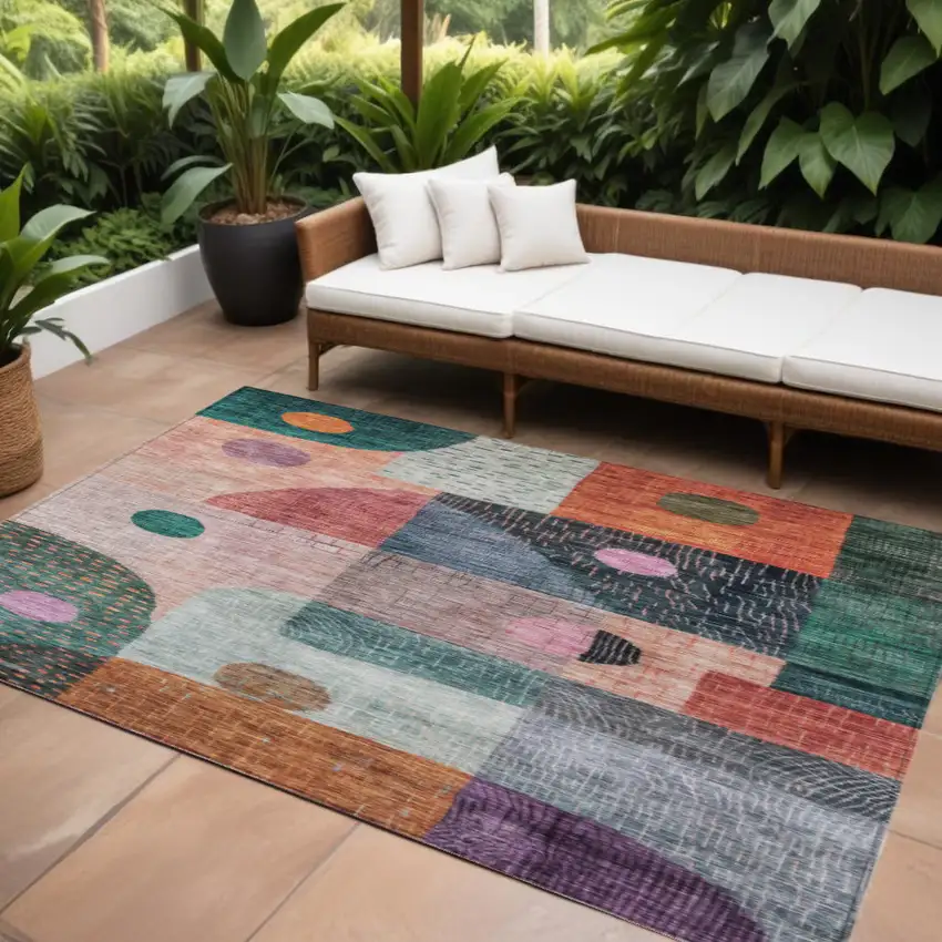 Orange Purple And Green Geometric Washable Indoor Outdoor Area Rug Photo 1