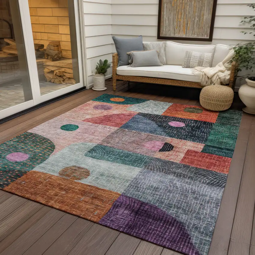 Orange Purple And Green Geometric Washable Indoor Outdoor Area Rug Photo 8