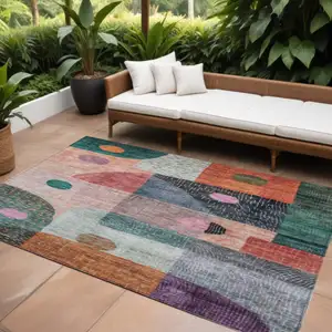 Photo of Orange Purple And Green Geometric Washable Indoor Outdoor Area Rug