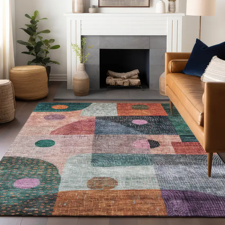 Orange Purple And Green Geometric Washable Indoor Outdoor Area Rug Photo 9