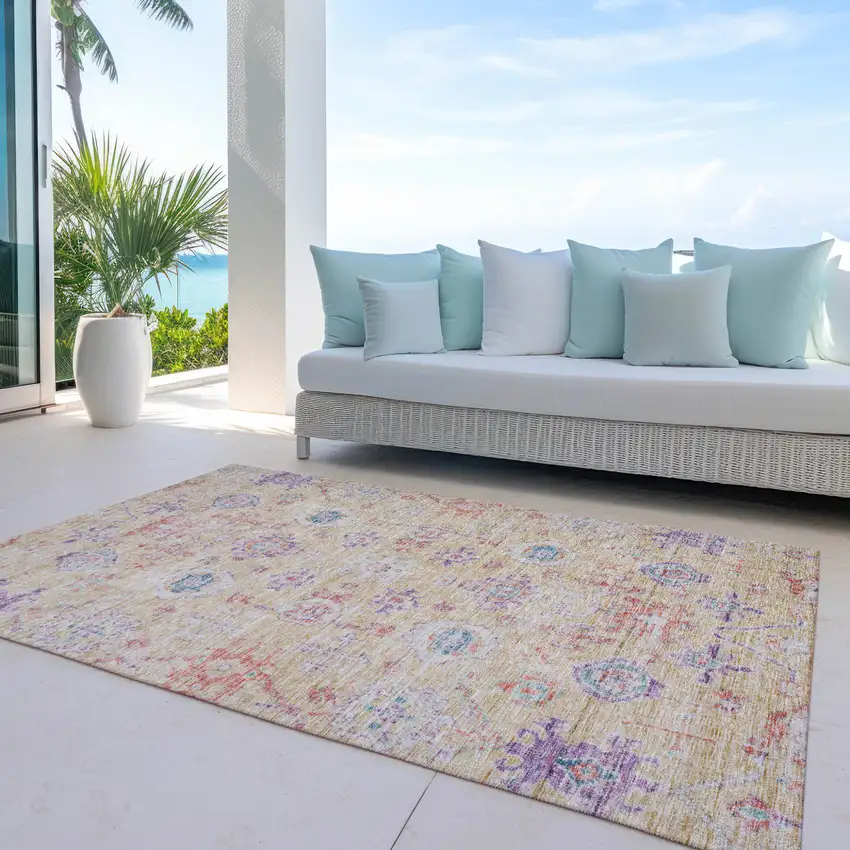 Orange Purple And Teal Blue Damask Washable Indoor Outdoor Area Rug Photo 8