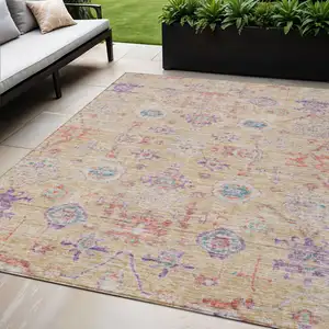 Photo of Orange Purple And Teal Blue Damask Washable Indoor Outdoor Area Rug