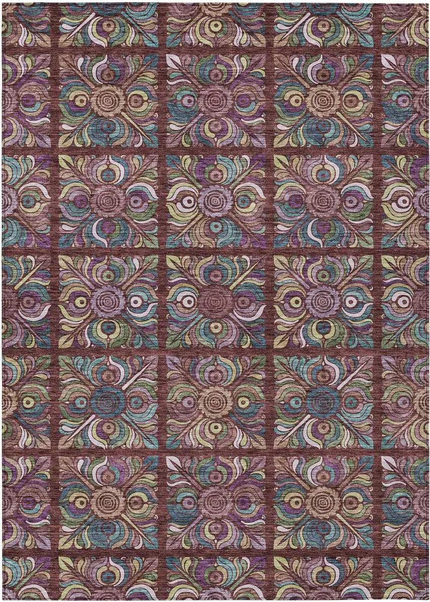 Orange Purple And Teal Blue Medallion Washable Indoor Outdoor Area Rug Photo 2