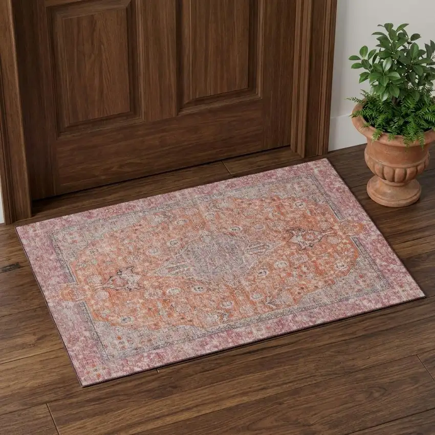 Orange Red And Gray Floral Medallion Washable Area Rug With UV Protection Photo 1