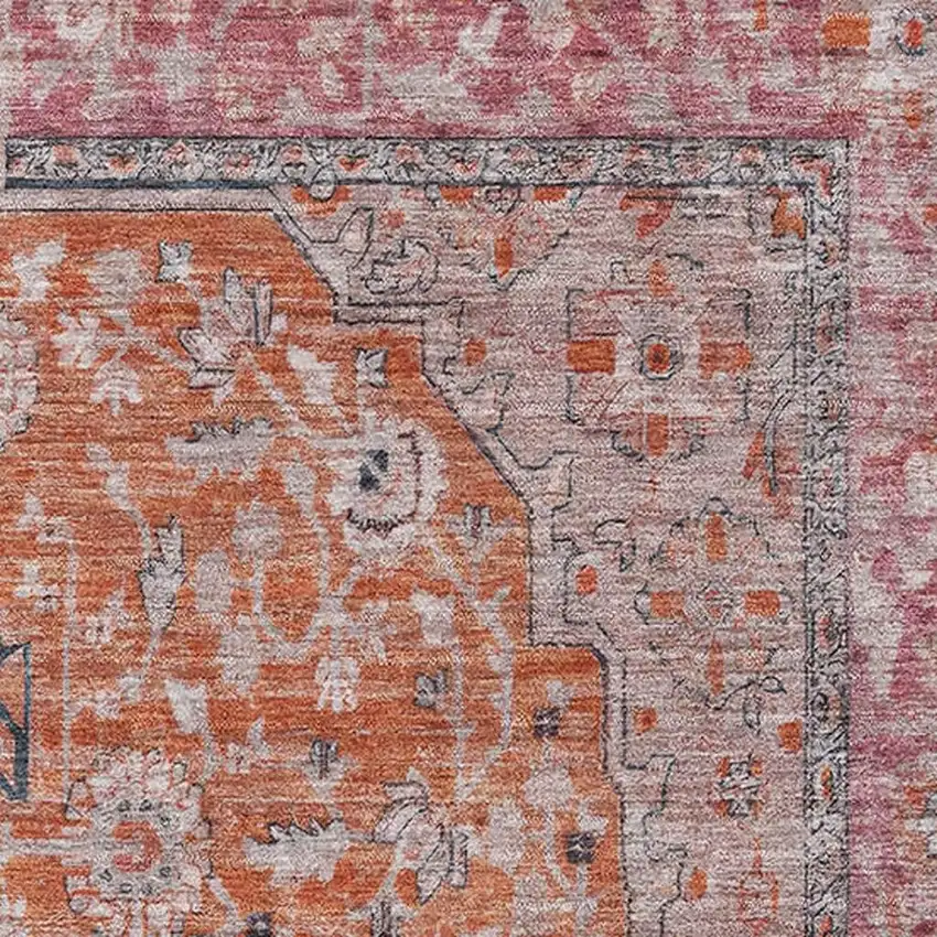 Orange Red And Gray Floral Medallion Washable Area Rug With UV Protection Photo 2