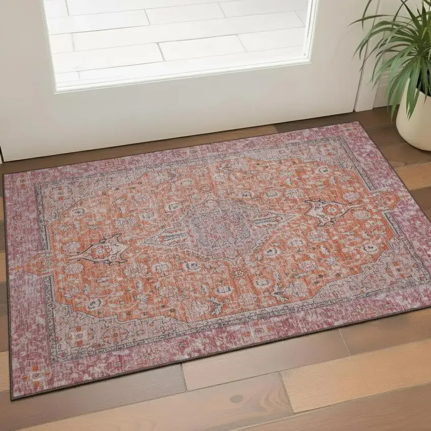 Orange Red And Gray Floral Medallion Washable Area Rug With UV Protection Photo 2