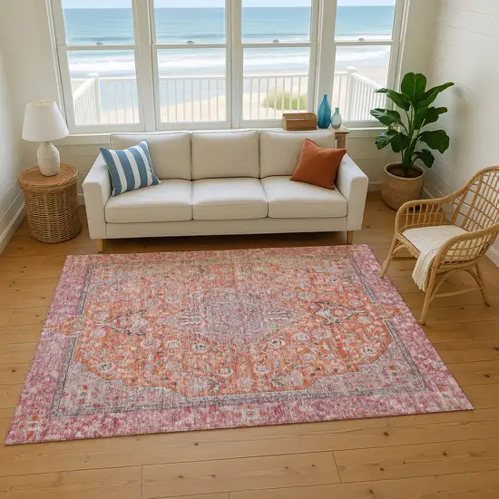 Orange Red And Gray Floral Medallion Washable Area Rug With UV Protection Photo 4