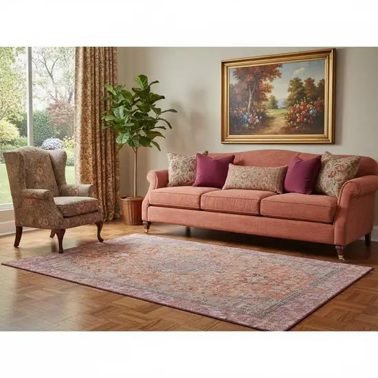 Orange Red And Gray Floral Medallion Washable Area Rug With UV Protection Photo 2