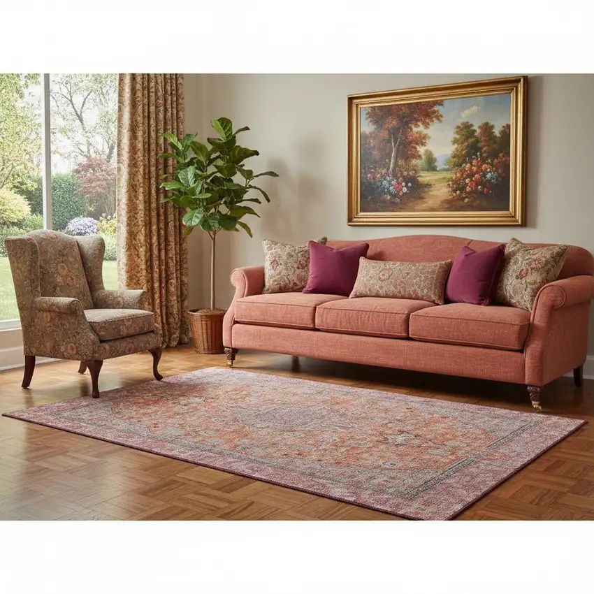 Orange Red And Gray Floral Medallion Washable Area Rug With UV Protection Photo 2