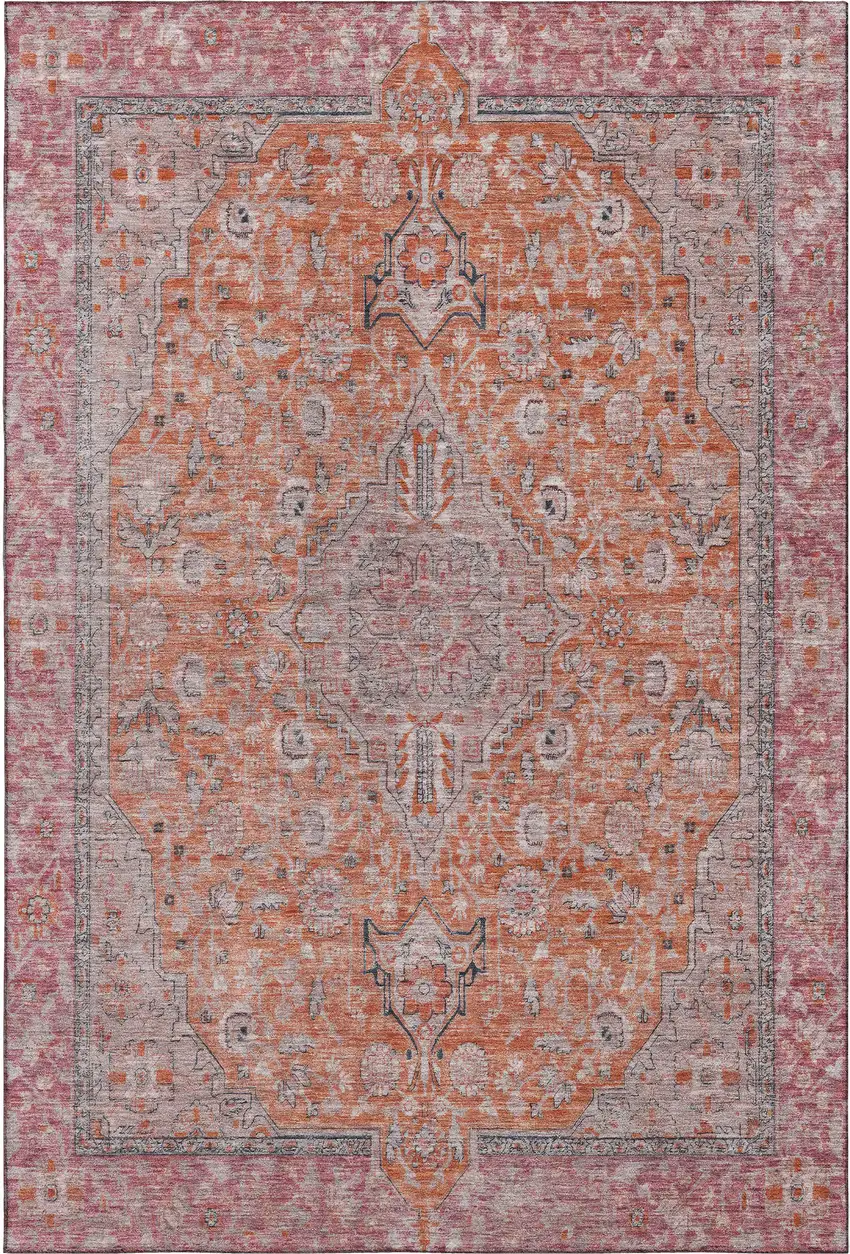Orange Red And Gray Floral Medallion Washable Area Rug With UV Protection Photo 1