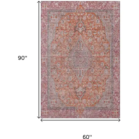 Orange Red And Gray Floral Medallion Washable Area Rug With UV Protection Photo 9
