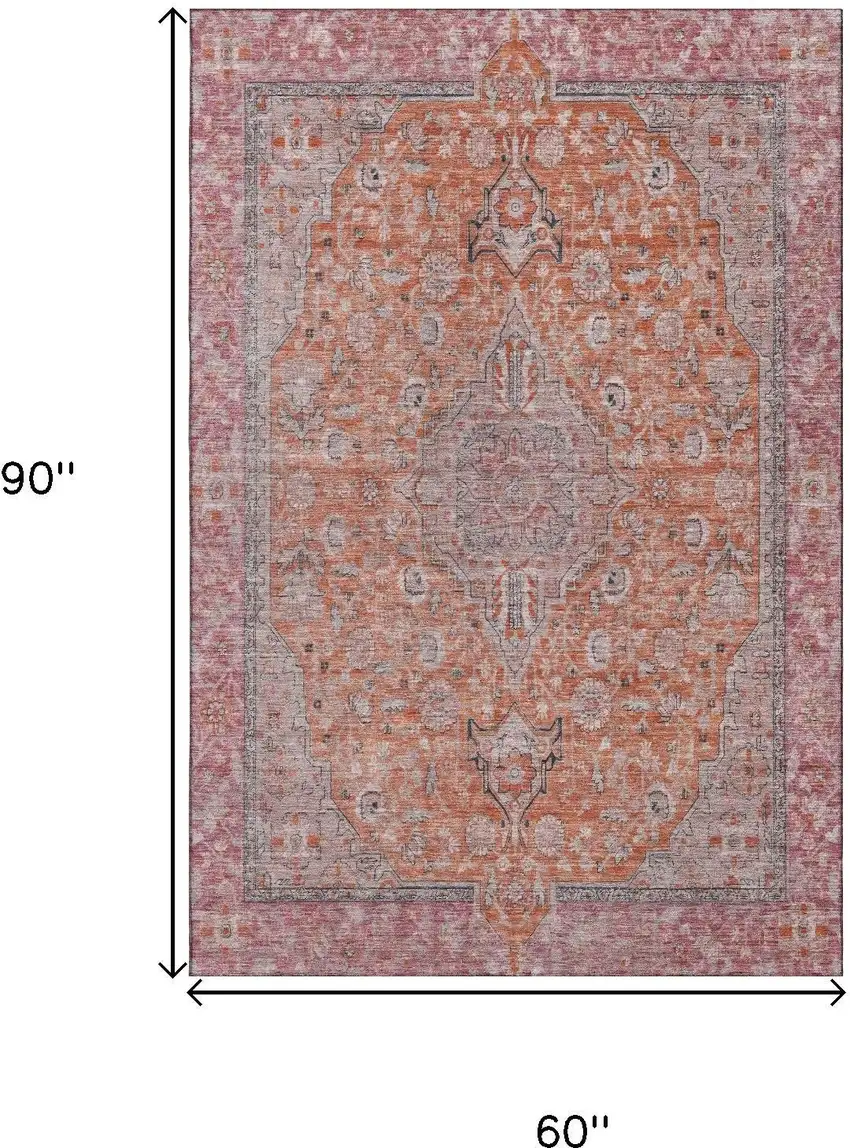 Orange Red And Gray Floral Medallion Washable Area Rug With UV Protection Photo 9