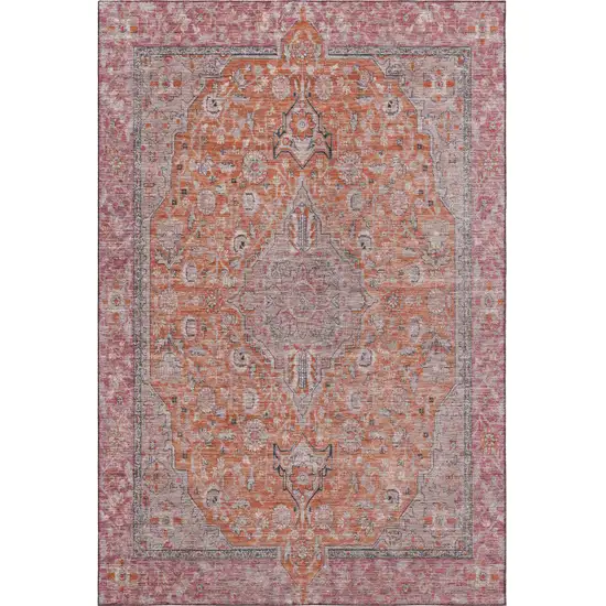 Orange Red And Gray Floral Medallion Washable Area Rug With UV Protection Photo 2
