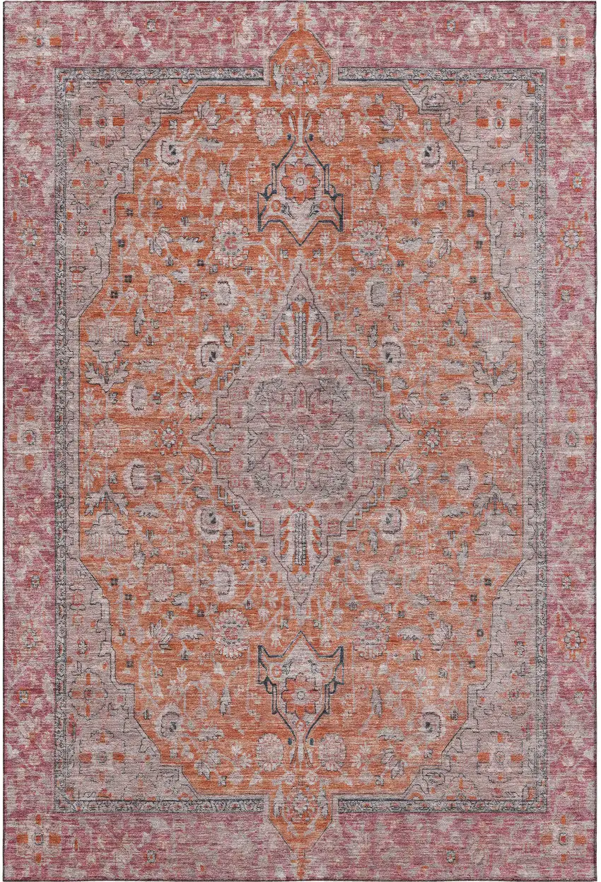 Orange Red And Gray Floral Medallion Washable Area Rug With UV Protection Photo 2