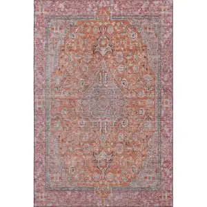 Photo of Orange Red And Gray Floral Medallion Washable Area Rug With UV Protection
