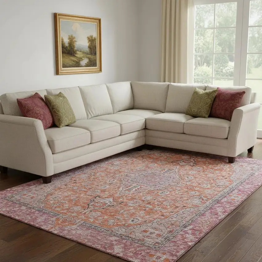 Orange Red And Gray Floral Medallion Washable Area Rug With UV Protection Photo 2