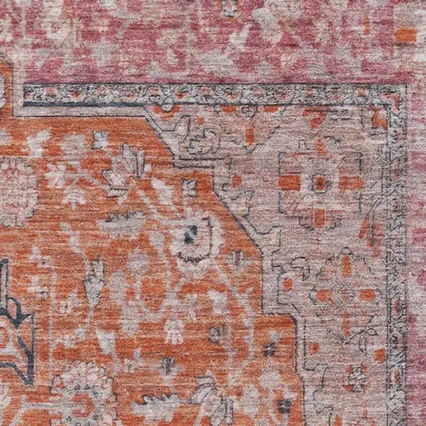 Orange Red And Gray Floral Medallion Washable Area Rug With UV Protection Photo 2