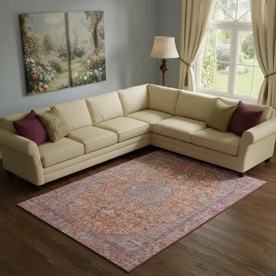 Orange Red And Gray Floral Medallion Washable Area Rug With UV Protection Photo 2