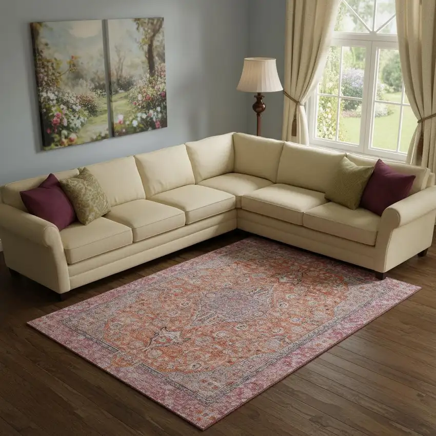 Orange Red And Gray Floral Medallion Washable Area Rug With UV Protection Photo 2