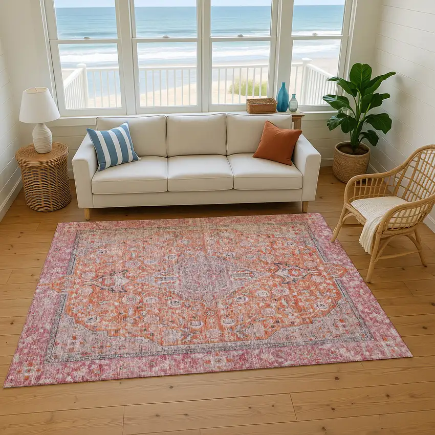 Orange Red And Gray Floral Medallion Washable Area Rug With UV Protection Photo 5
