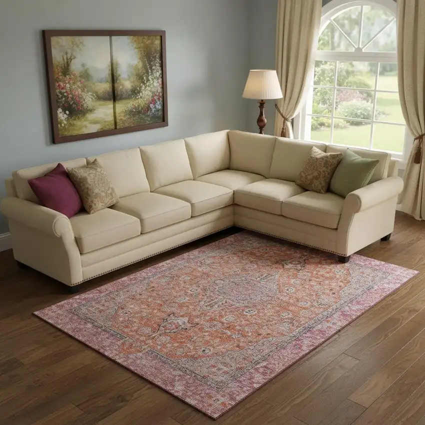 Orange Red And Gray Floral Medallion Washable Area Rug With UV Protection Photo 2