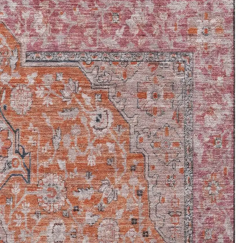 Orange Red And Gray Floral Medallion Washable Area Rug With UV Protection Photo 4