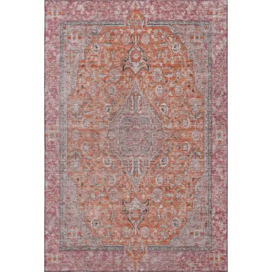 Orange Red And Gray Floral Medallion Washable Area Rug With UV Protection Photo 1