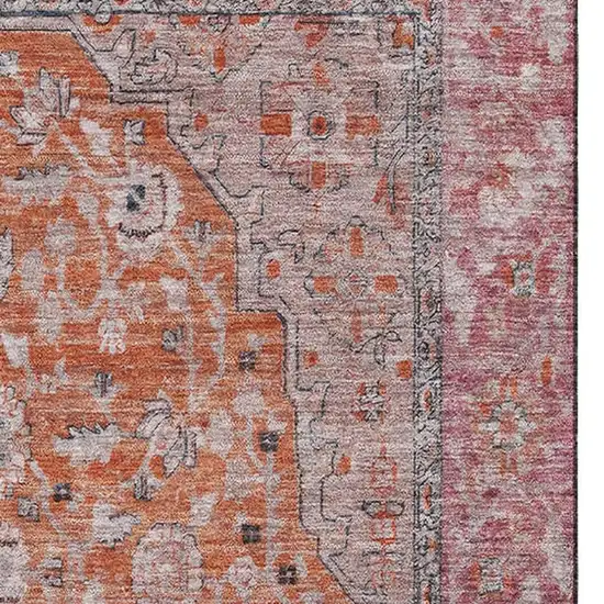 Orange Red And Gray Floral Medallion Washable Area Rug With UV Protection Photo 2