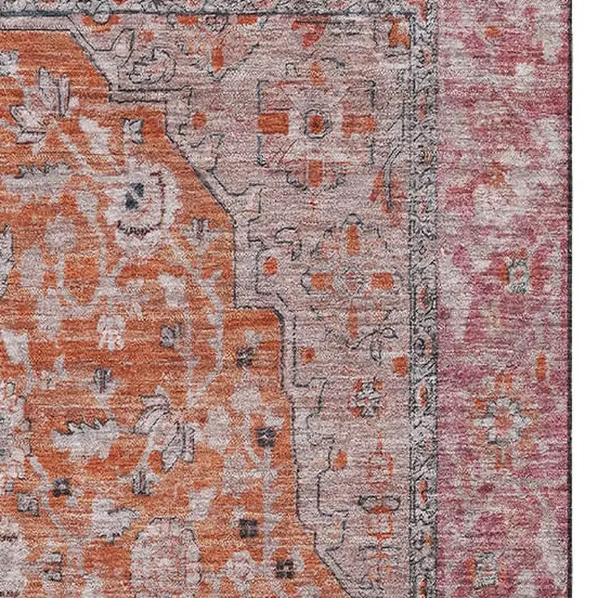 Orange Red And Gray Floral Medallion Washable Area Rug With UV Protection Photo 2