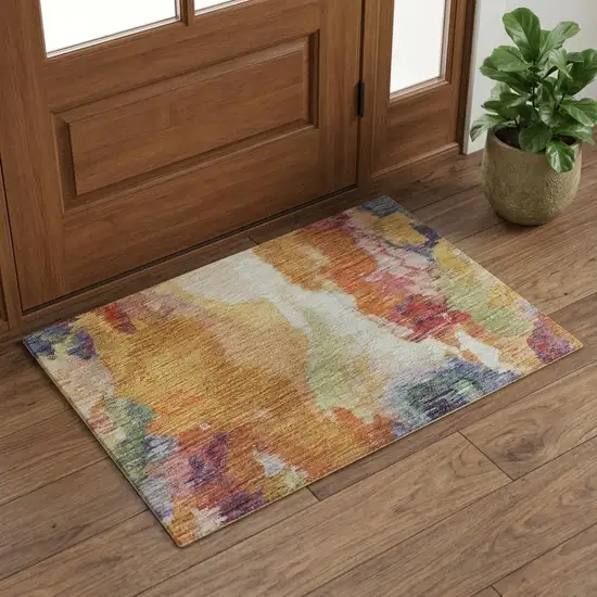 Orange Red And Teal Abstract Washable Area Rug With UV Protection Photo 1