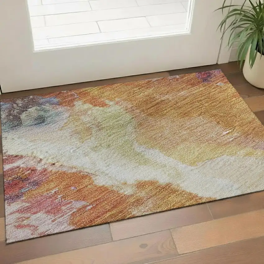 Orange Red And Teal Abstract Washable Area Rug With UV Protection Photo 2