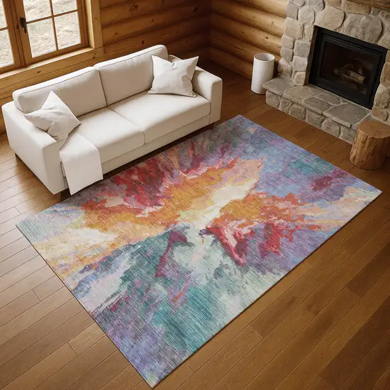 Orange Red And Teal Abstract Washable Area Rug With UV Protection Photo 3